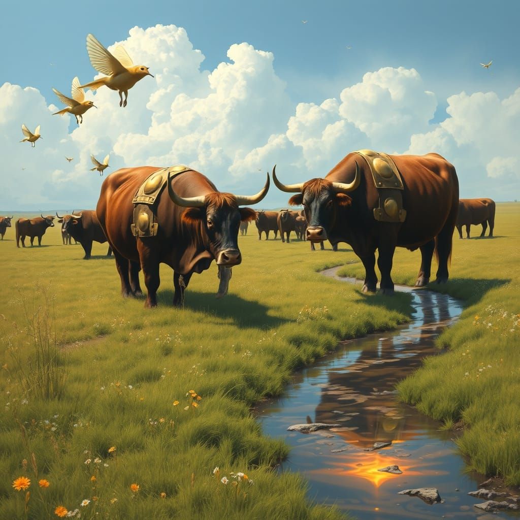 Colossal Bovines in a Molten-Golden Landscape