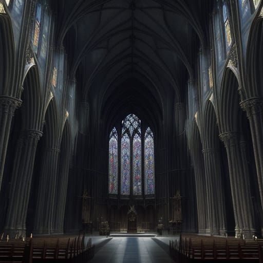 Knight Kneels in Gothic Cathedral, Ethereal Light