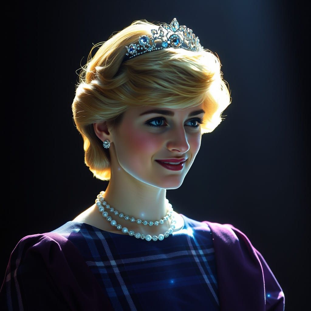 Holographic Princess Diana in Scottish Highland Landscape