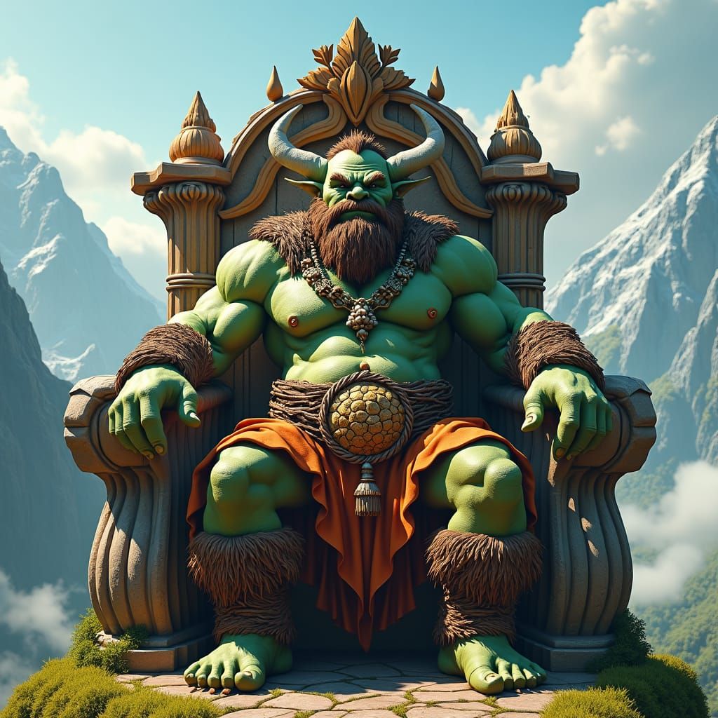 Orc King on Ornate Throne in Mystical Landscape