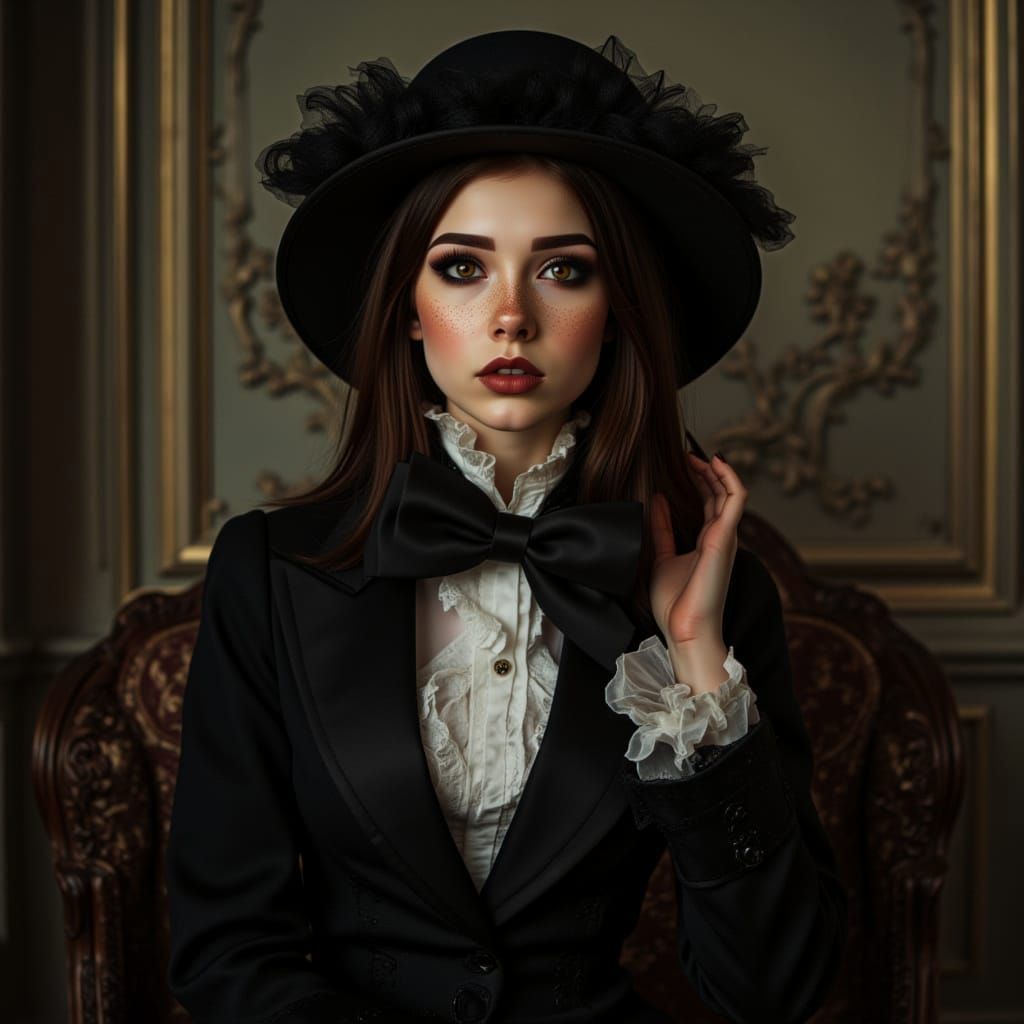 Victorian Woman in Elegant Chocolate Brown Suit Dress