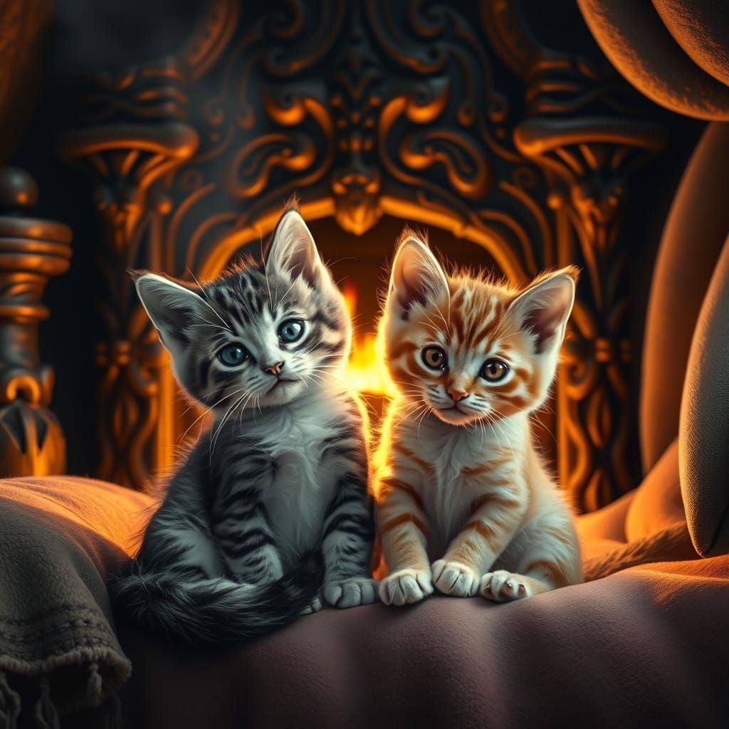 Two Cuddling Kittens by Warm Fireplace in Whimsical Cabin Se...