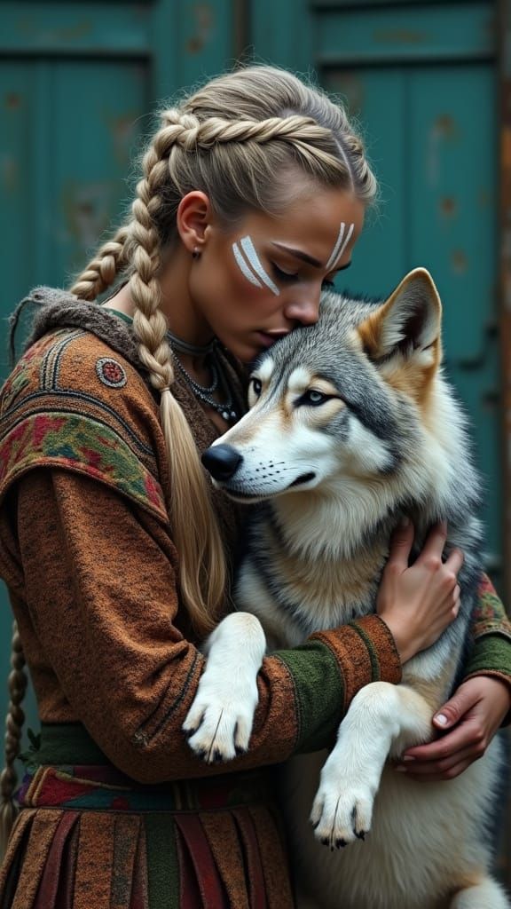 Tribal Woman and Wolf in Heartfelt Embrace