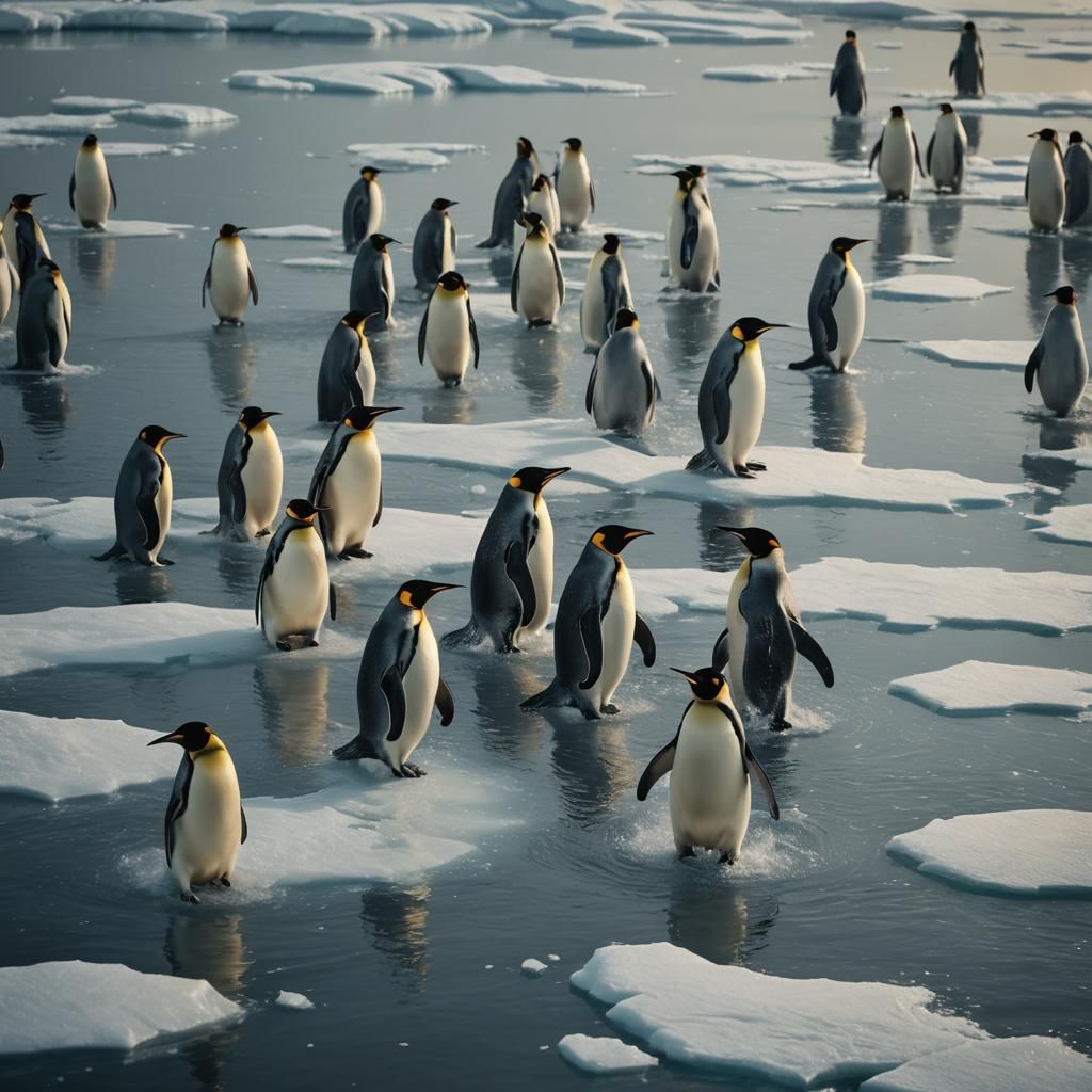 Emperor Penguins Catching Fish in Icy Waters