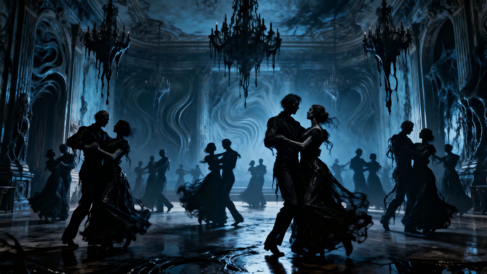 Shadowy Dancers in a Distorted Ballroom