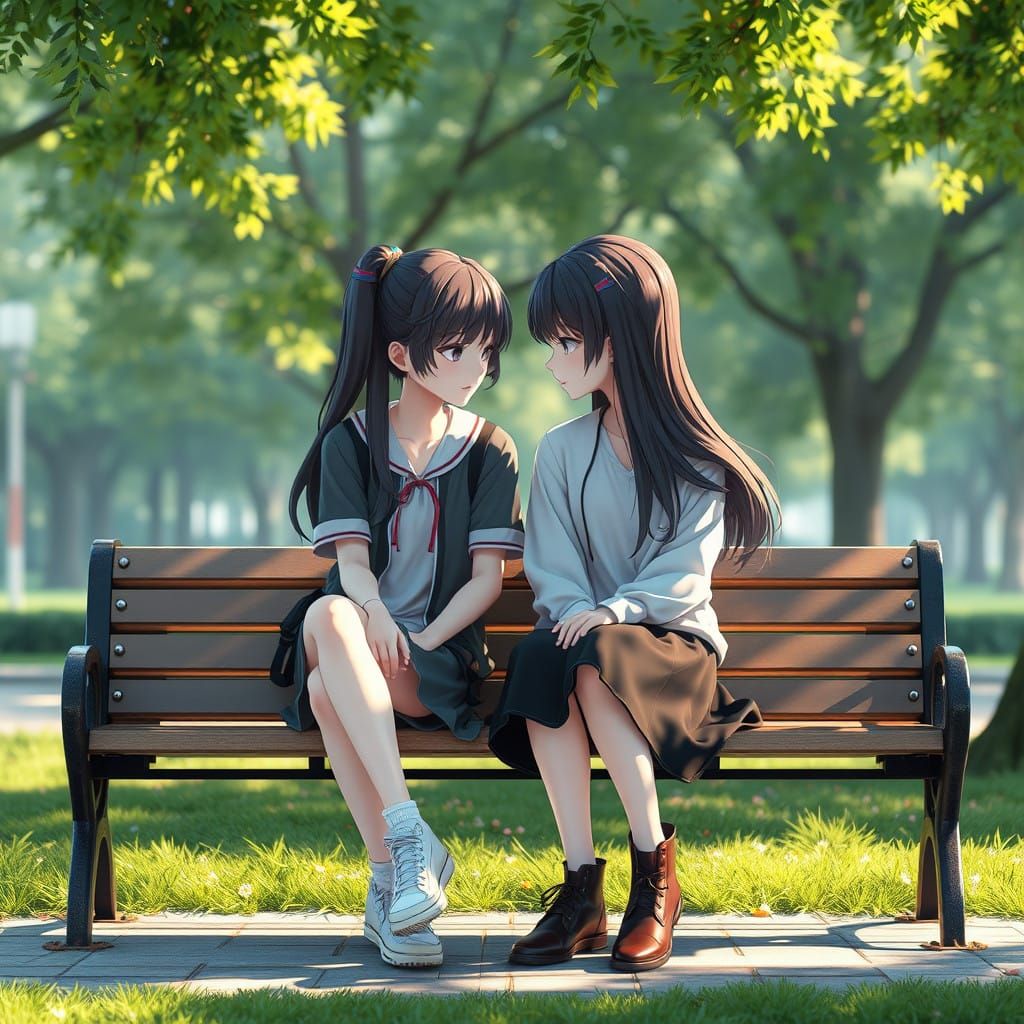 Anime Friends Sharing Intimate Moment on Park Bench