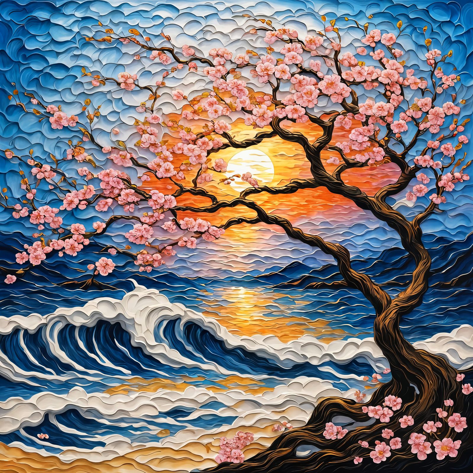 Cherry Blossoms Frame Serene Waves in a Dreamlike Japanese-I...