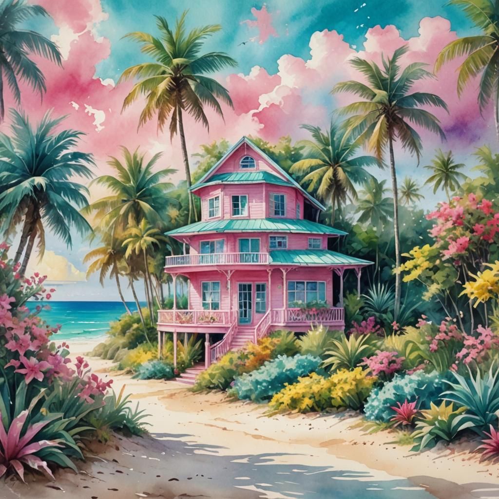 Tropical Beach House in Watercolor Style