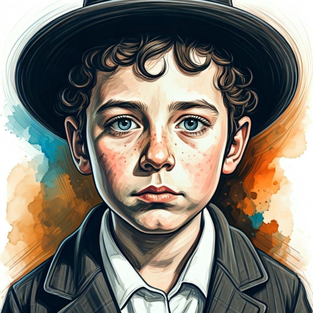 Hasidic Boy Portrait in Charcoal and Ink Sketch