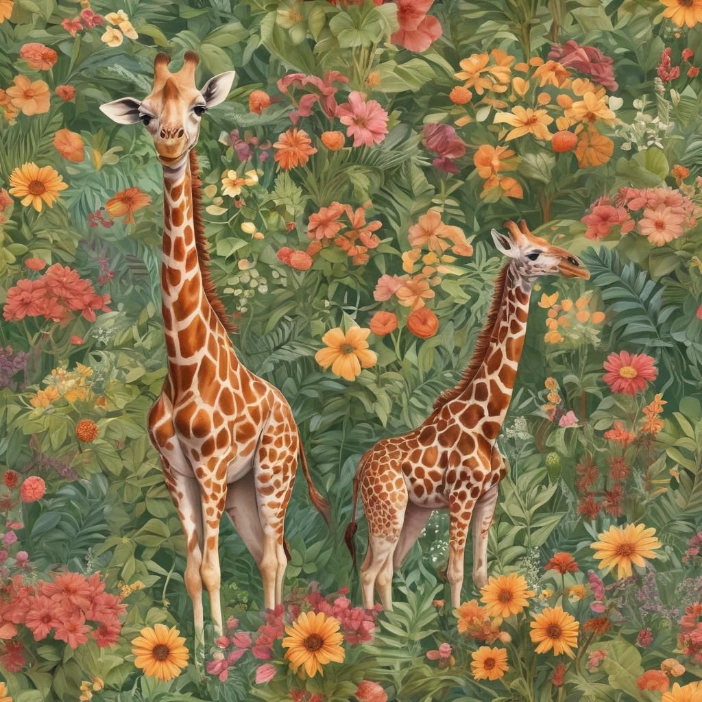 Giraffe Gardener in a Dreamy Garden Illustration