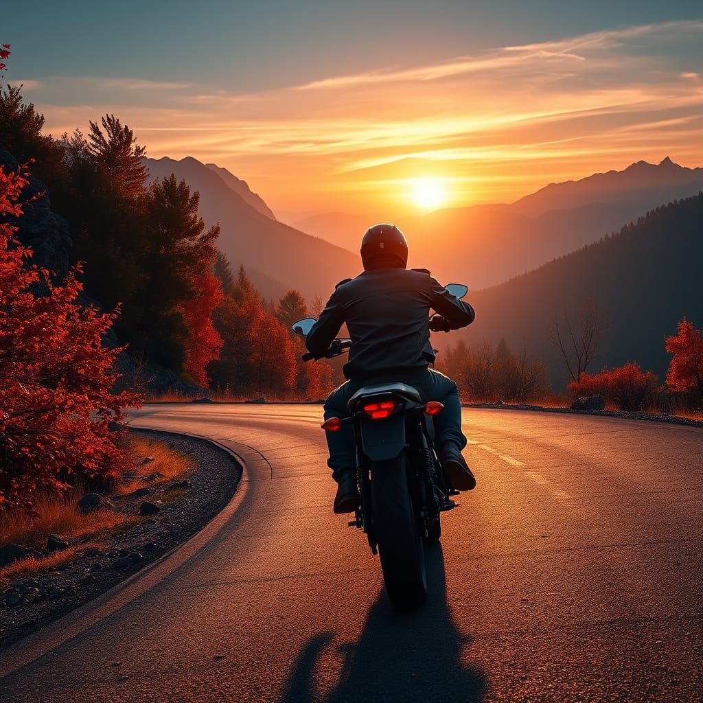 Surreal Autumn Road Scene with Motorcyclist in a Fantasy Lan...