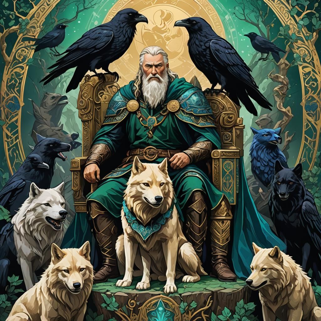 Odin Watching Battle in Emerald and Sapphire Colors