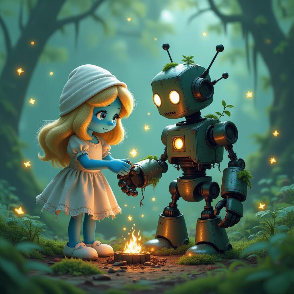 Smurfette Tends to Robot in Enchanted Overgrown Forest