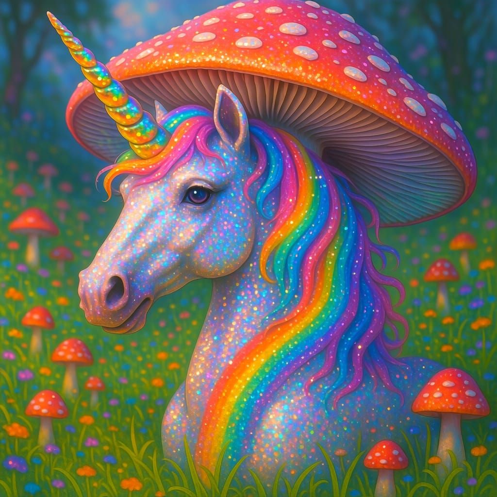 Mushroom Unicorn with Glittering Horn in Rainbow Hues