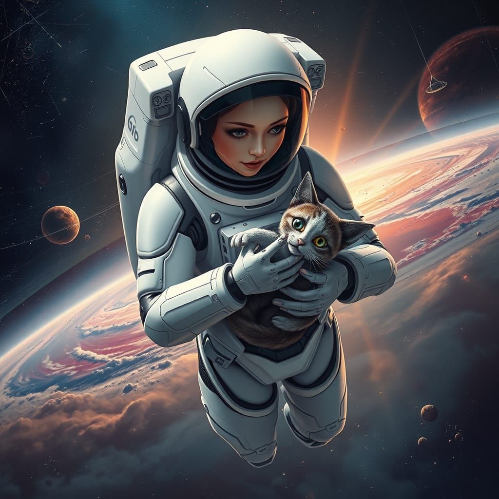 Robot Astronaut with Cat in Space as Oil Painting