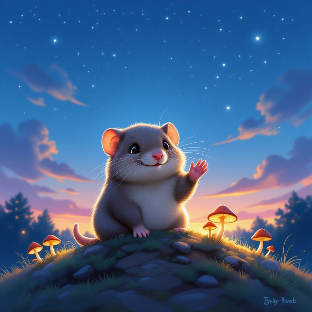 Mole-Rat Hybrid Peeking from Hill Under Night Sky