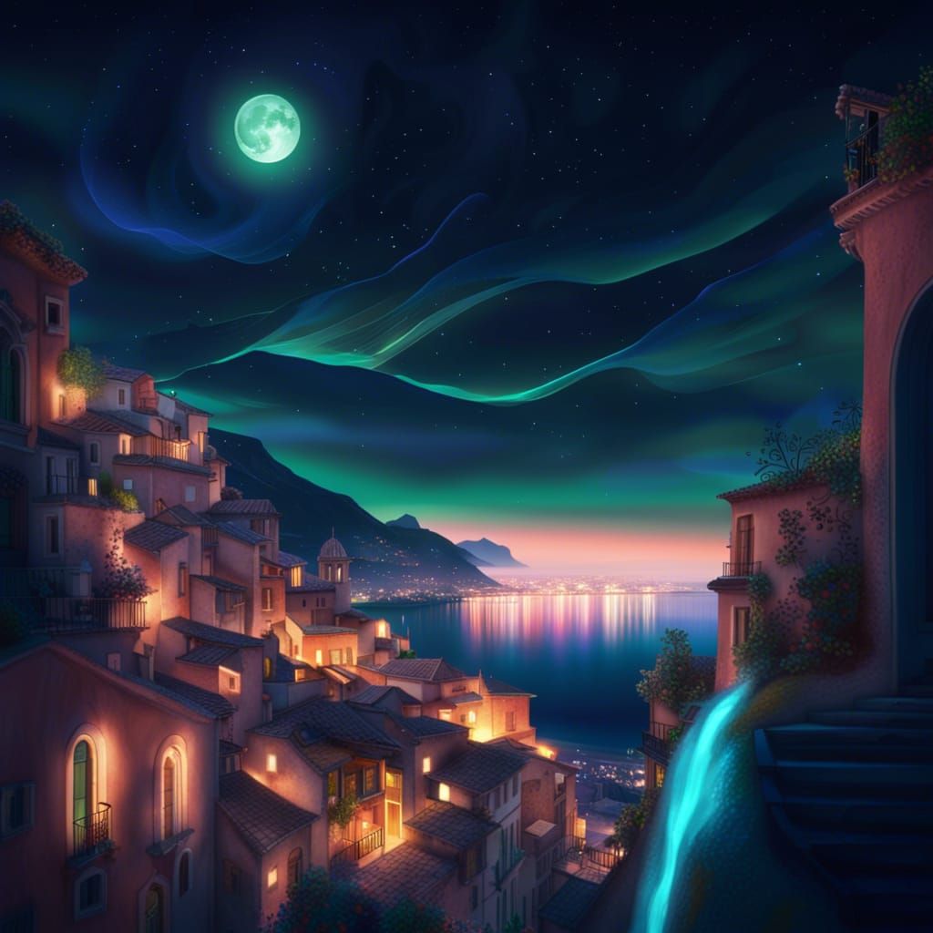 Italian Seaside City Under Aurora Borealis