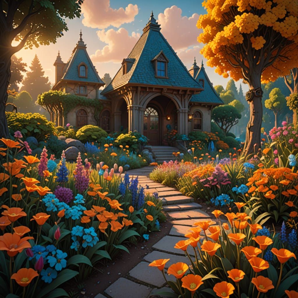 Exquisite Sunrise Garden with Gothic Archways and Lanterns