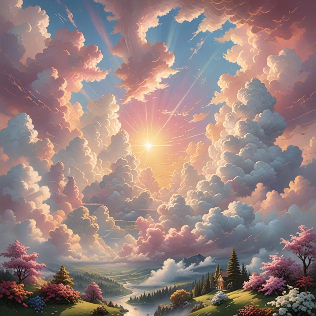 Sunlit Clouds Over Landscape in Thomas Kinkade Style