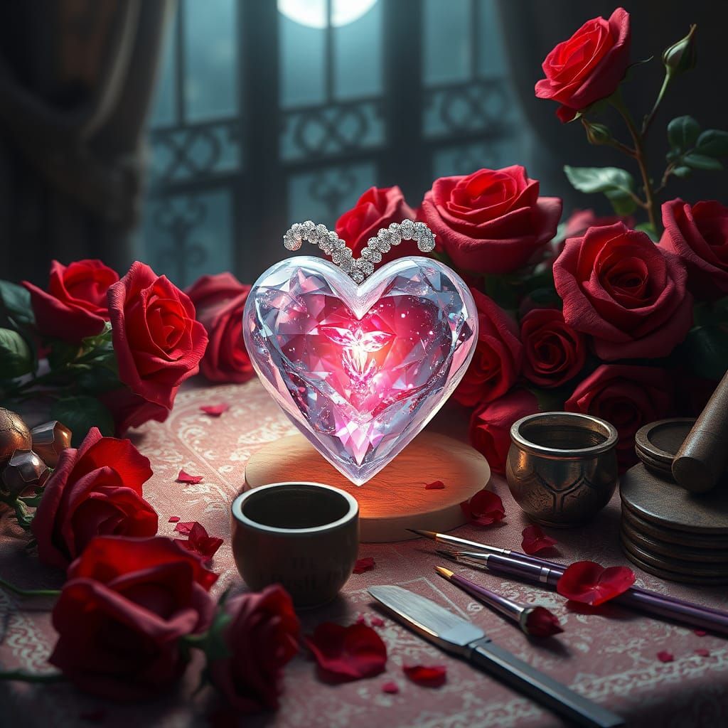 Ethereal Crystal Heart Still Life in Anime Style