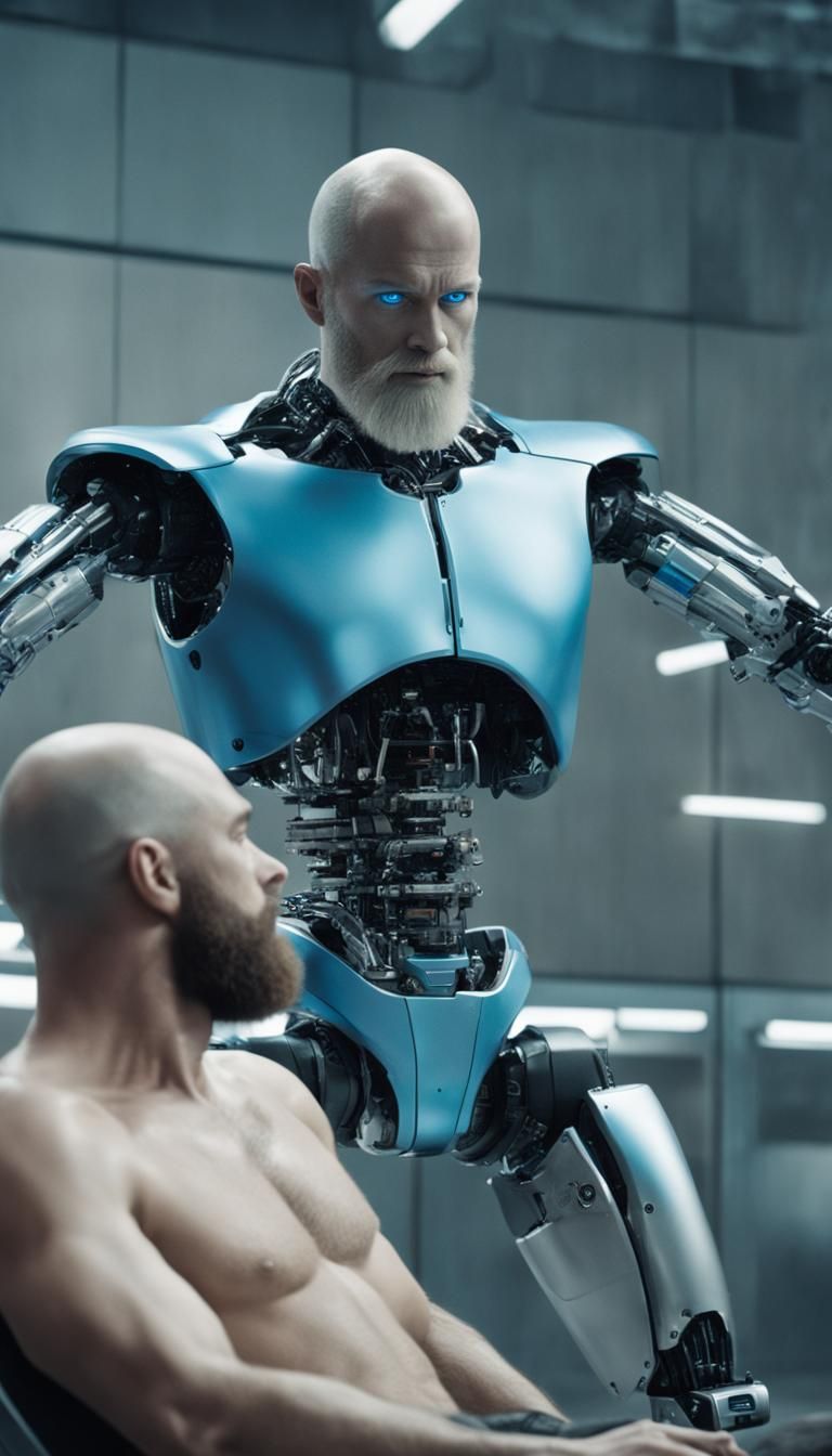 Futuristic Humanoid Robot Worshipped in High-Tech Hologram