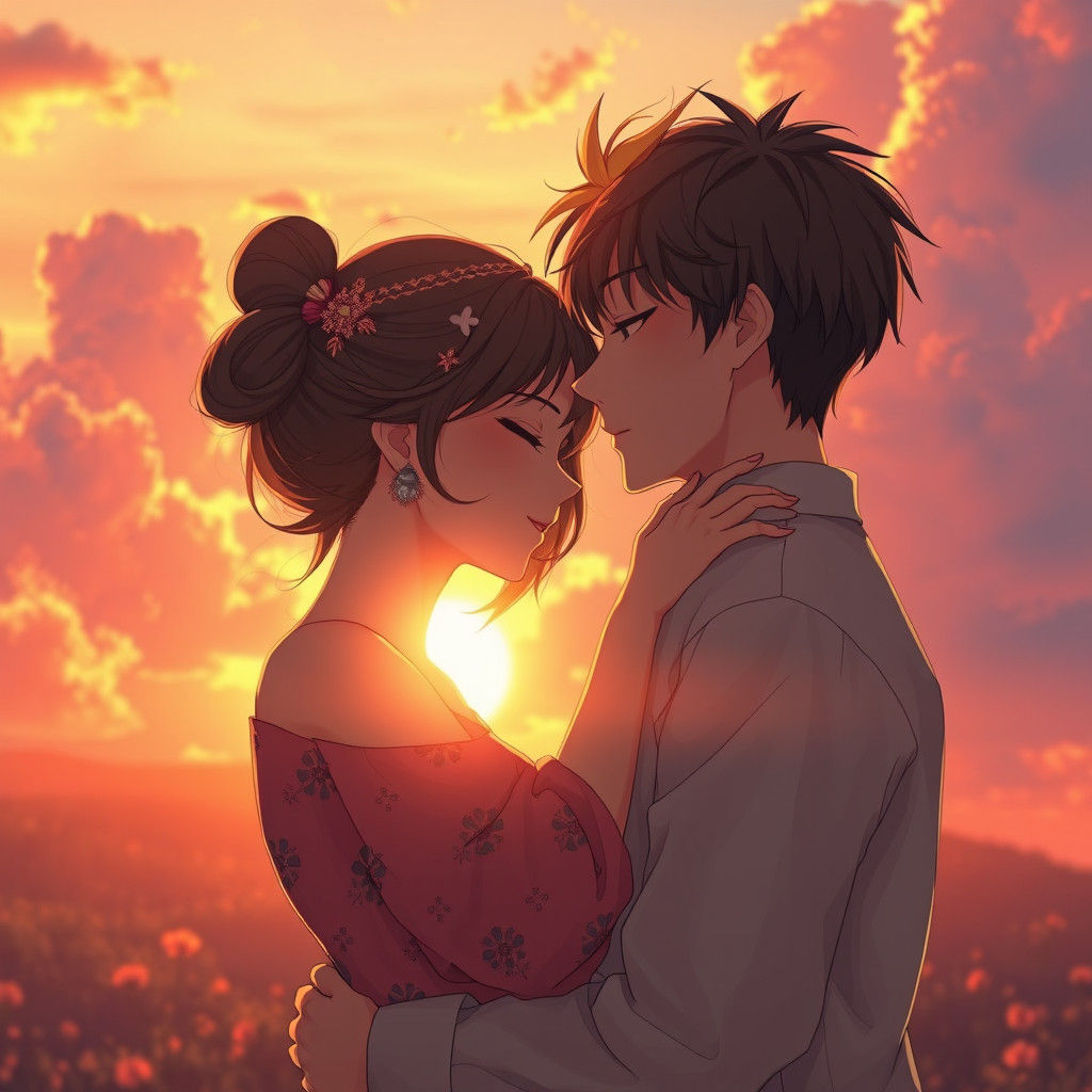Romantic Sunset Embrace in 3D Anime Art