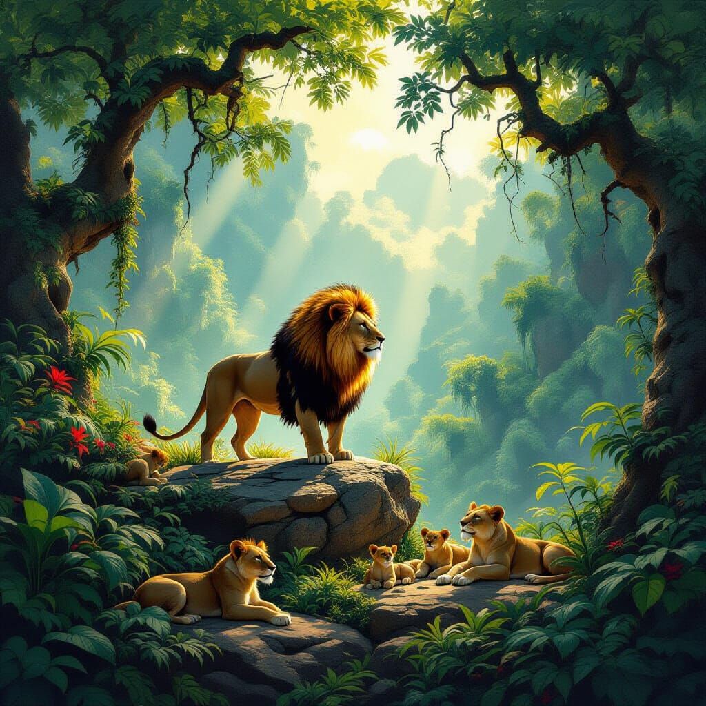 Majestic Lion Pride Rules Lush Jungle in Epic Fantasy Art St...