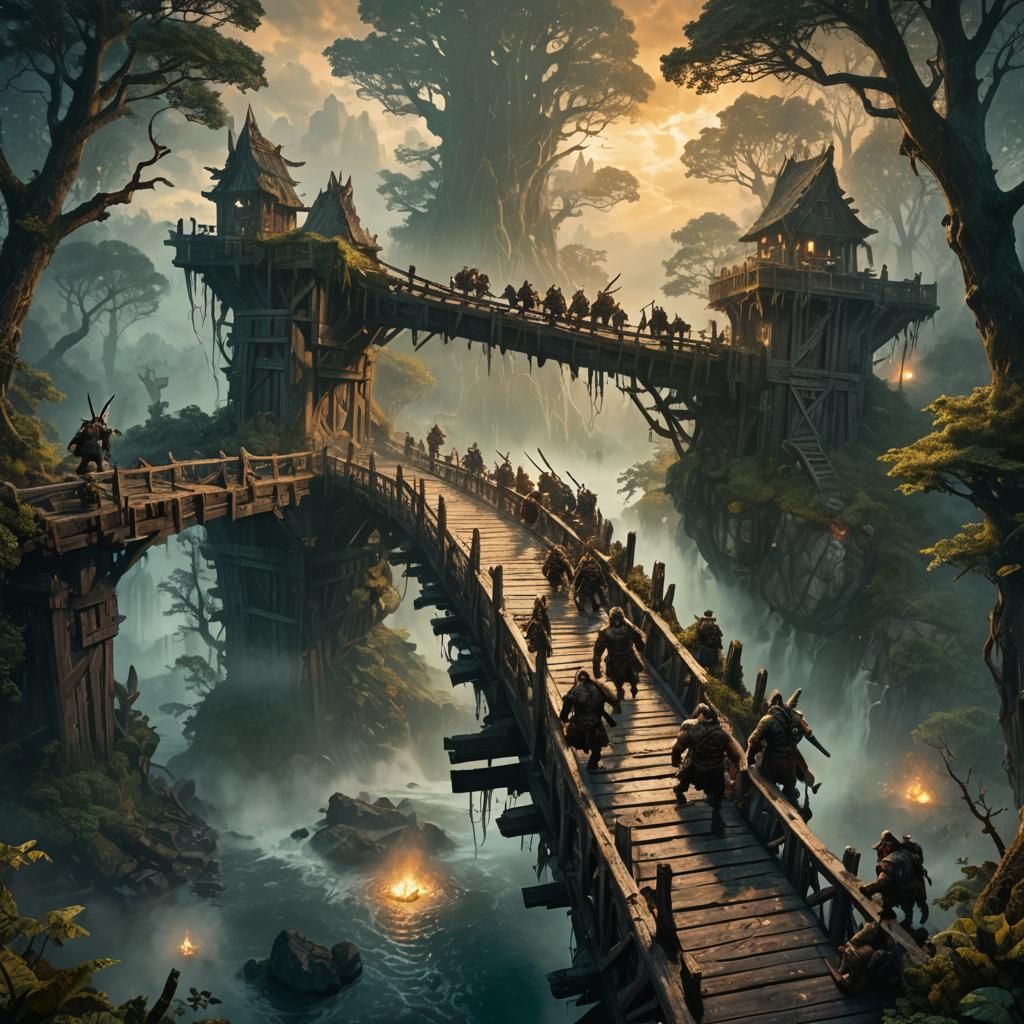 Orcs Under Attack on Ancient Bridge