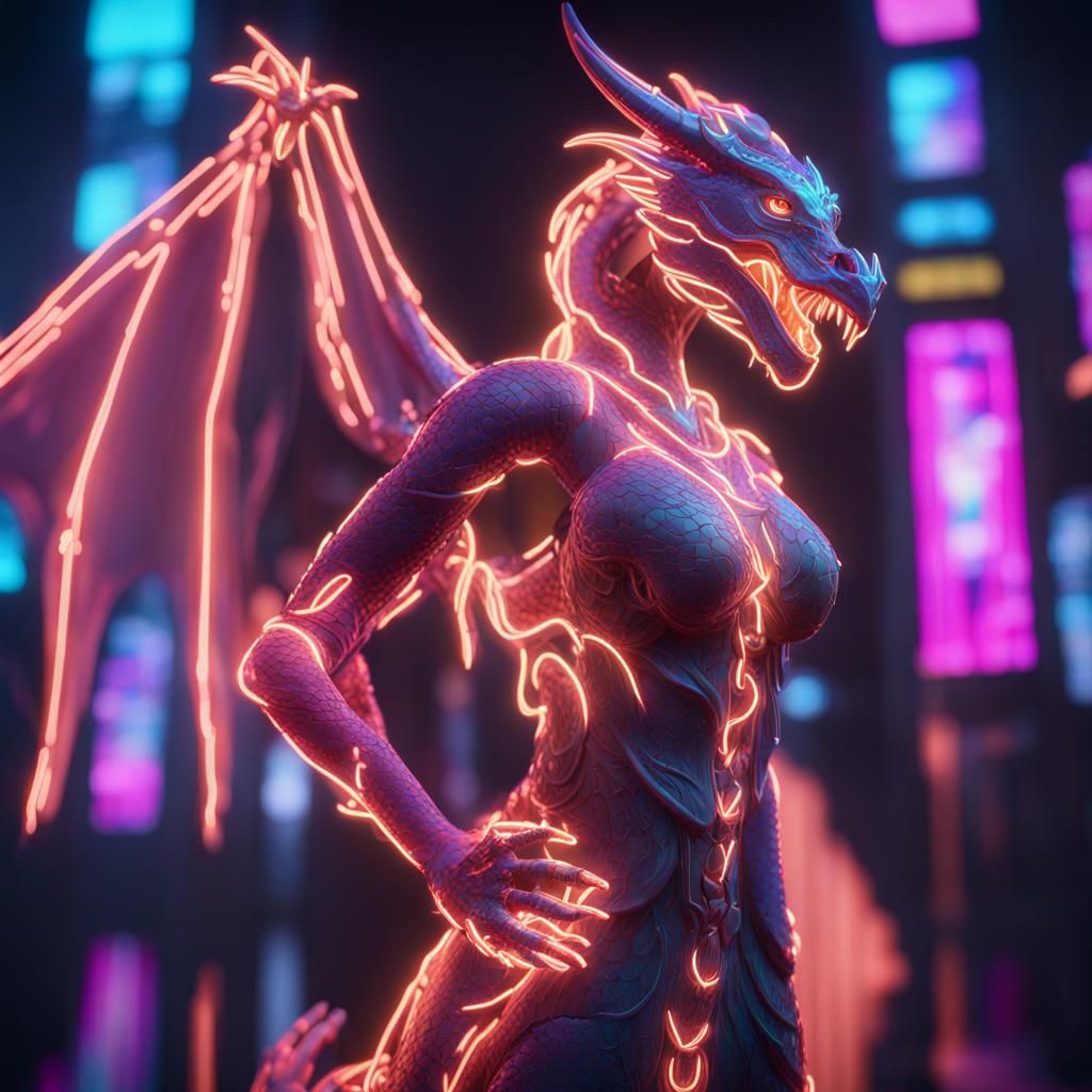 Neon Dragon with Hologram, 3D Game Cinematic