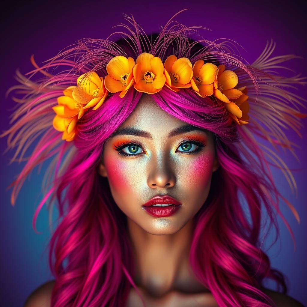 Asian Woman with Rainbow Skin and Peacock Feathers