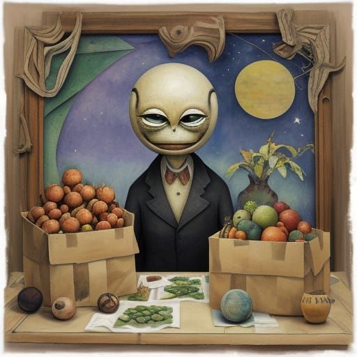 Whimsical Intergalactic Market Scene in Surrealist Style