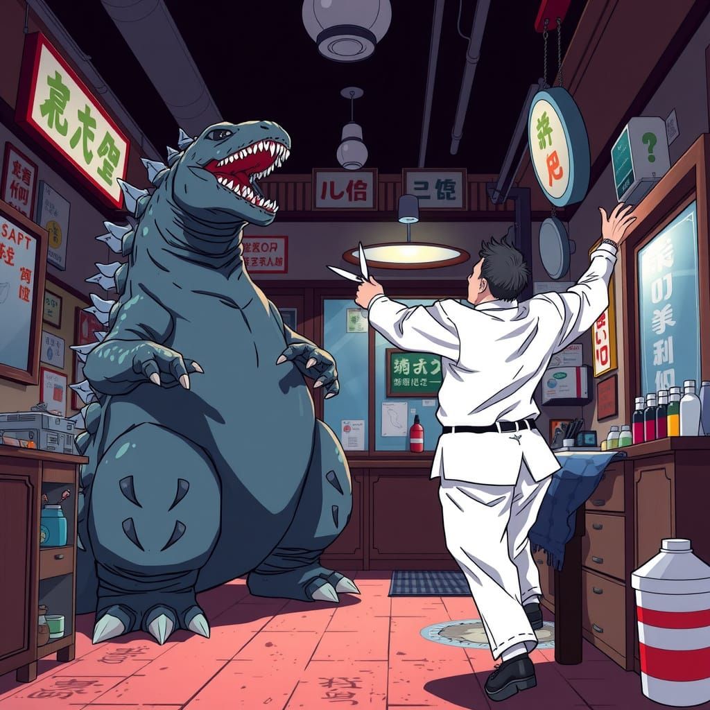 Japanese barber jumps when Godzilla comes into