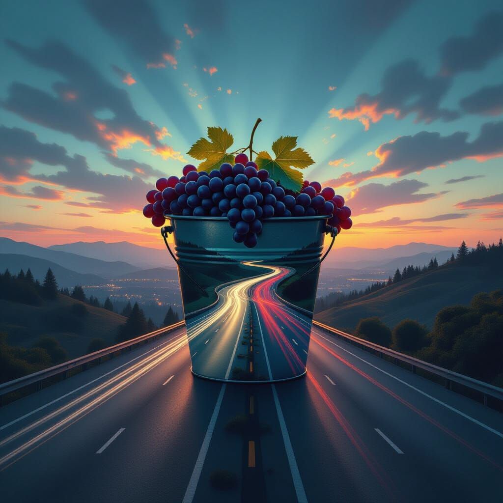 Double exposure surrealism, the silhouette of bucket of grap...