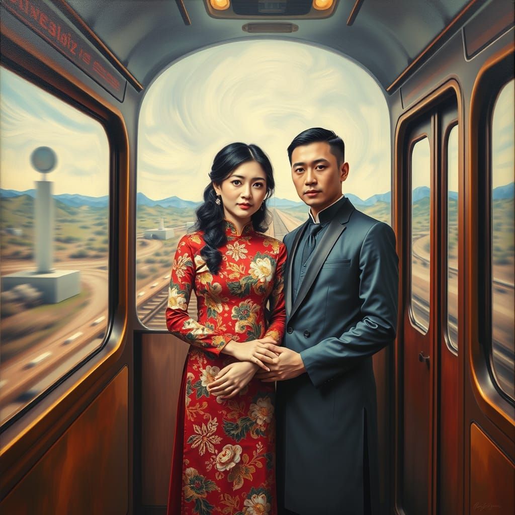 Asian Couple in Dreamlike Train Carriage, Blending Tradition...