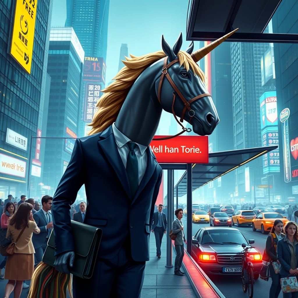 Centaur Businessman at Bus Stop in Futuristic Cityscape