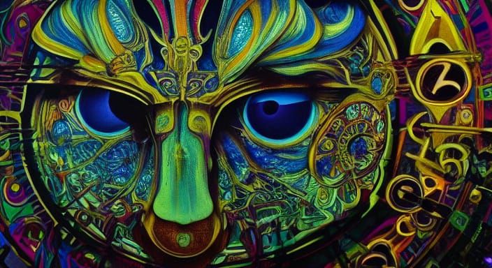 Psychedelic Dystopian Vision with Giant Eyes and Clocks