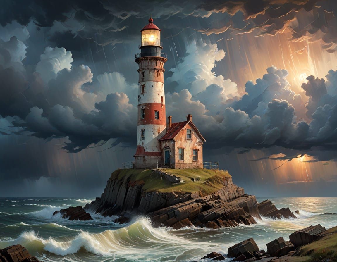 Lighthouse in Stormy Twilight with Mixed Media Elements