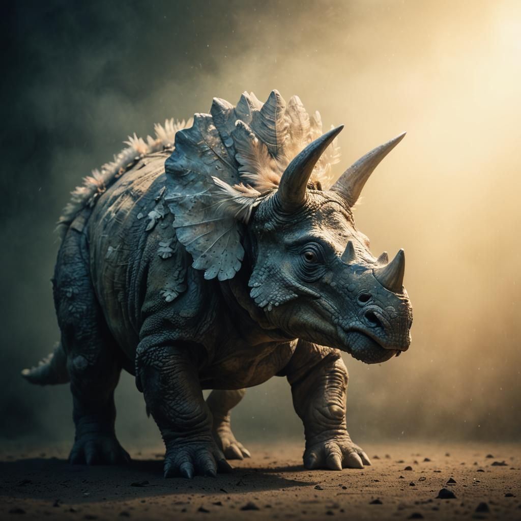 Feathered Triceratops in Dreamy Film Noir Style