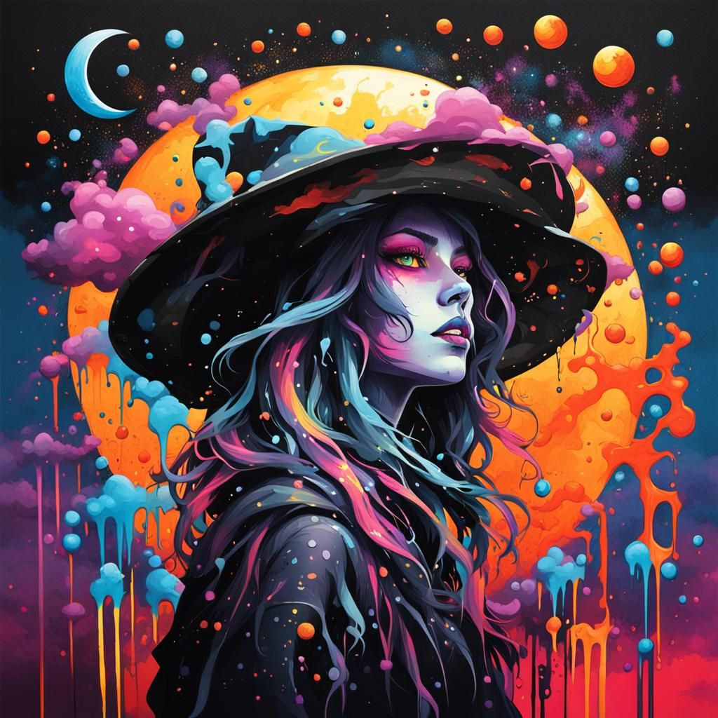 Pretty Witch at Lunar Eclipse in Graffiti Art