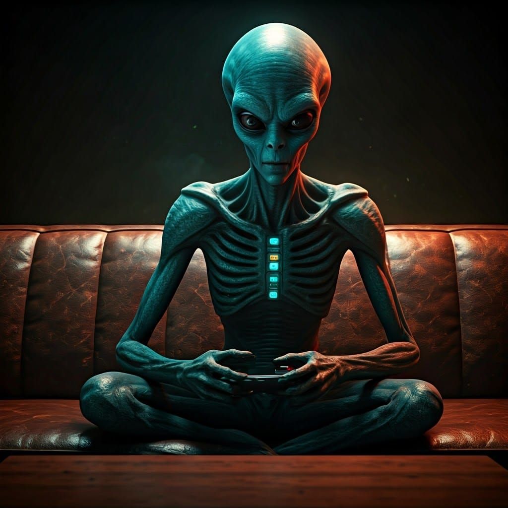 Alien Gamer Immersed in Virtual World: Cinematic Film Still