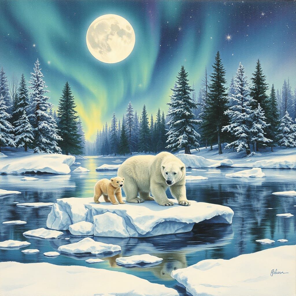 Realistic Polar Bears on Iceberg Under Aurora Sky