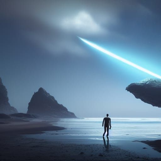 Man Strolls Beach Under Hovering Aliens