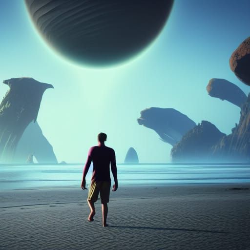 Man on Beach with Hovering Aliens