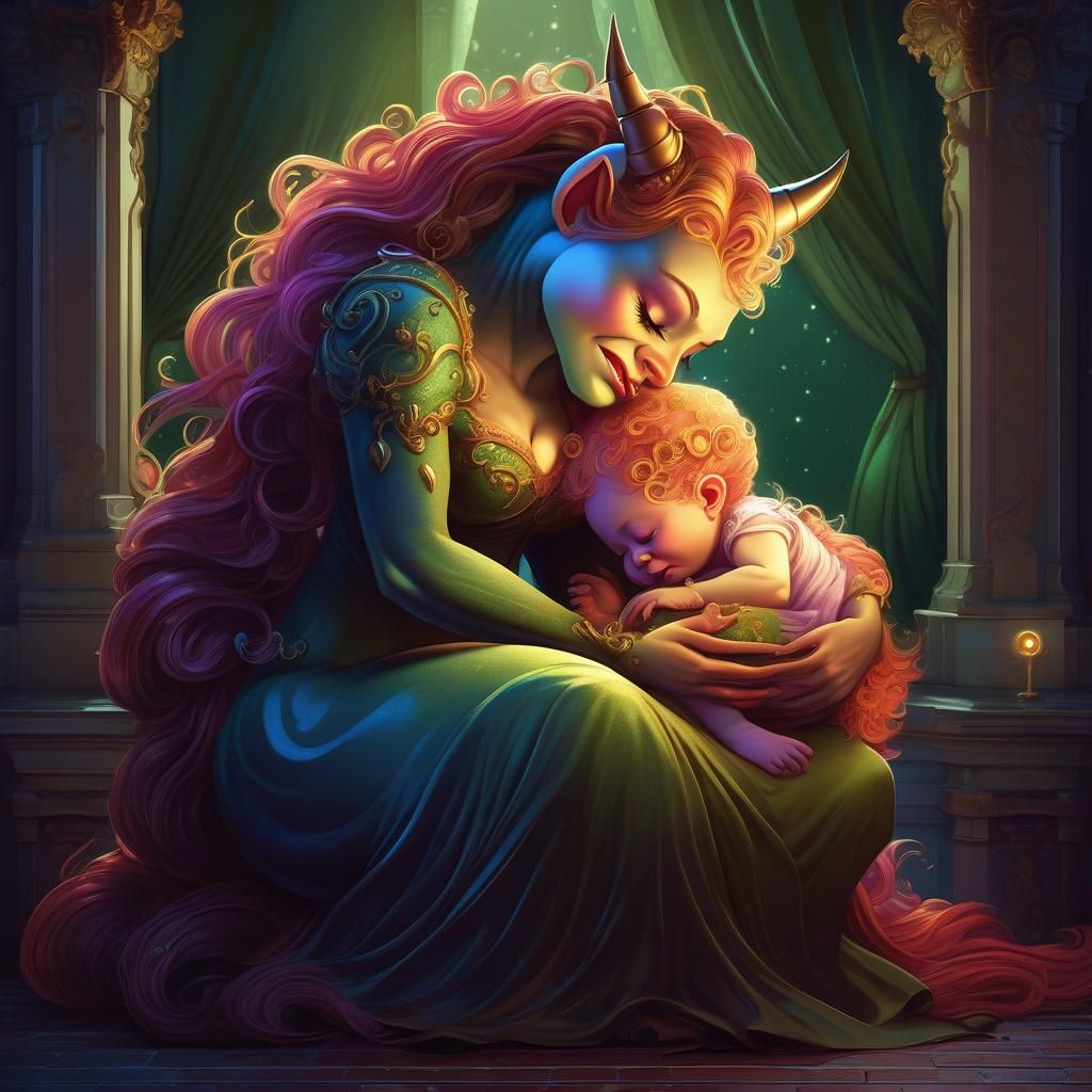 Caring Monster Mother and Baby in Rococo Style