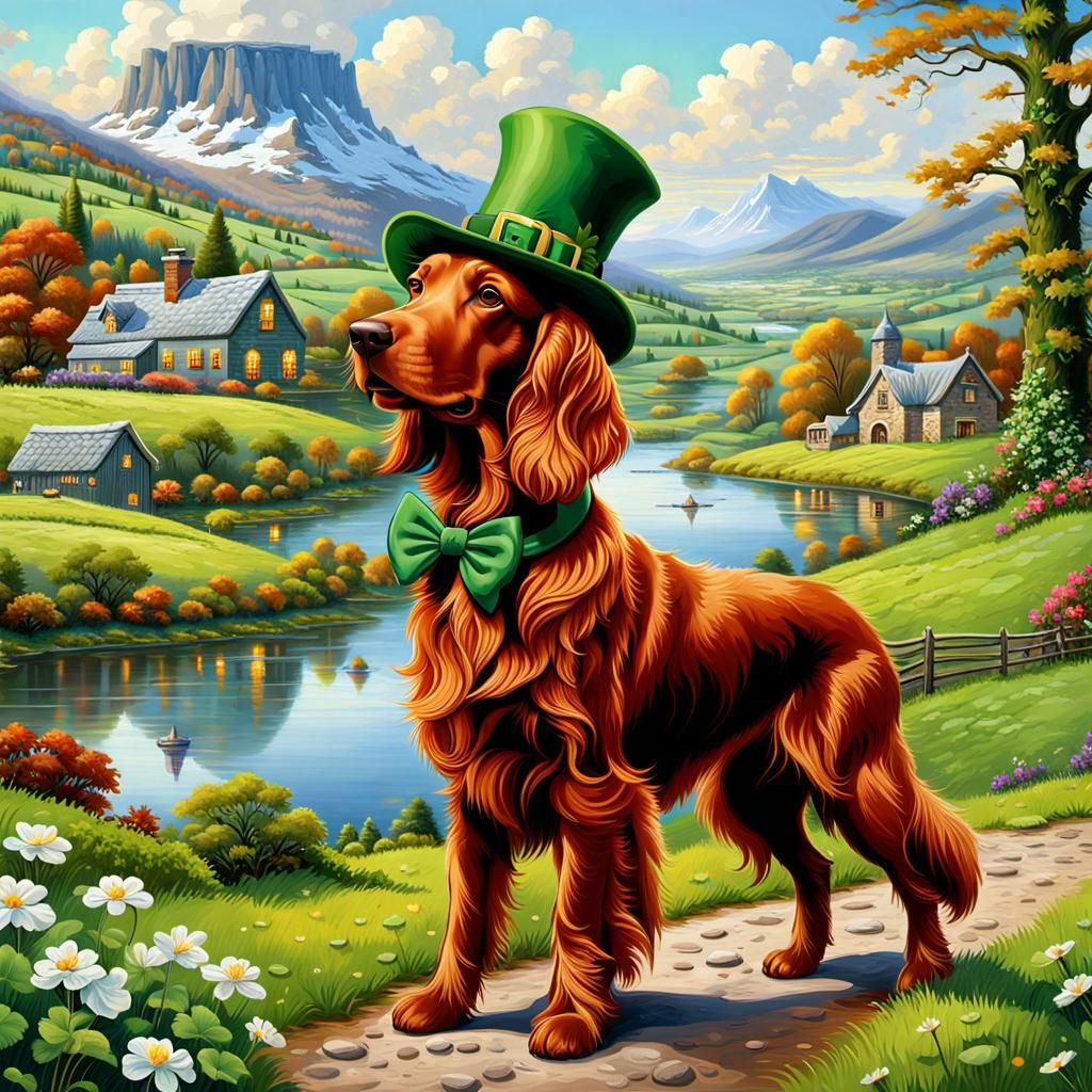 Irish Setter Leprechaun in Irish Landscape