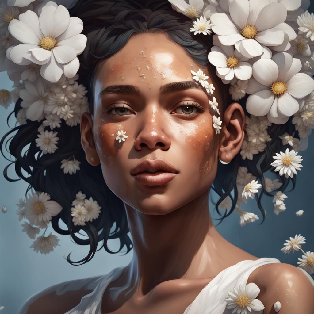 Vitiligo Beauty: Portrait with White Flowers