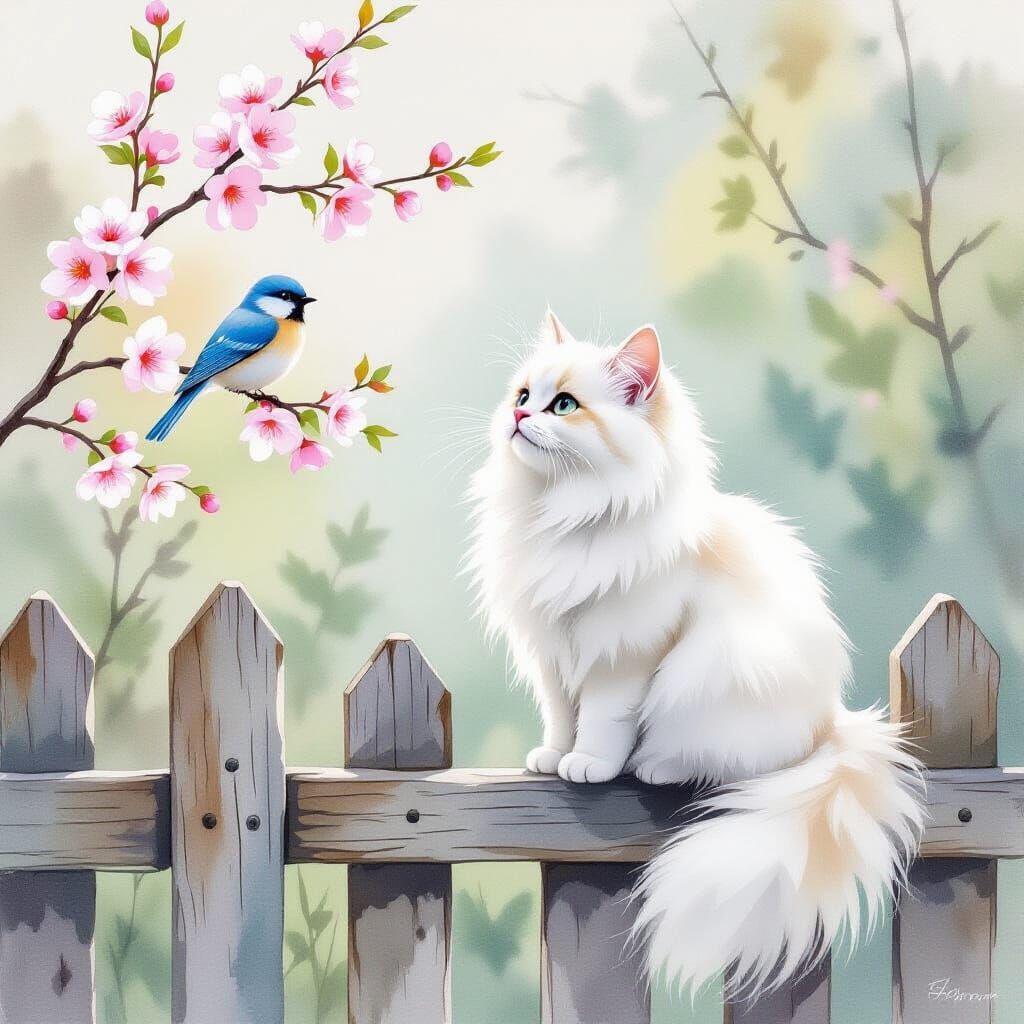 Fluffy Cat Watches Bluebird on Fence in Watercolor Style