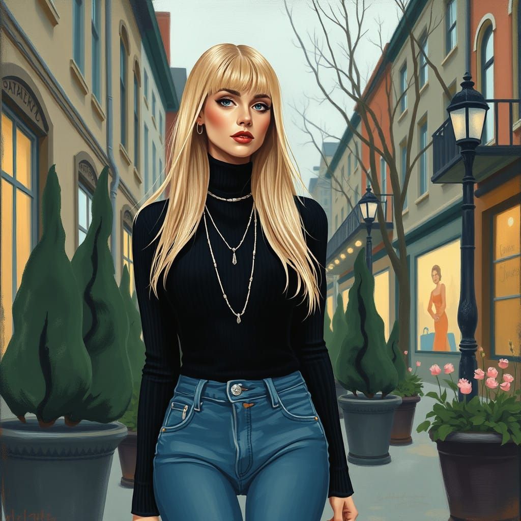 Elegant Blonde Woman Strolls Through a Planted City