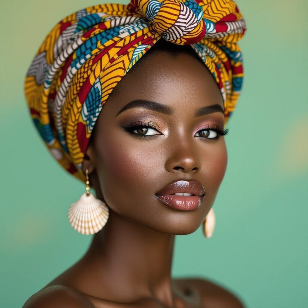 Elegant African Woman in Senegalese Headwrap, Seashell Earri...