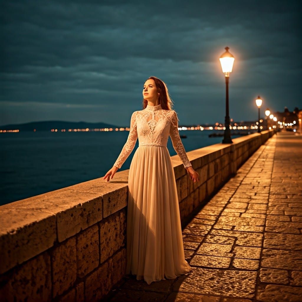 Elegant Woman by the Sea at Dusk